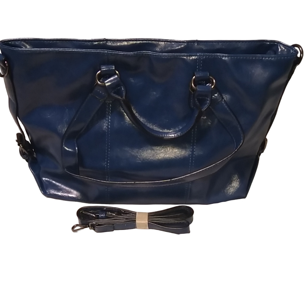 Navy Blue Faux Leather Tote Bag Large Shoulder Work Bag Zip Top